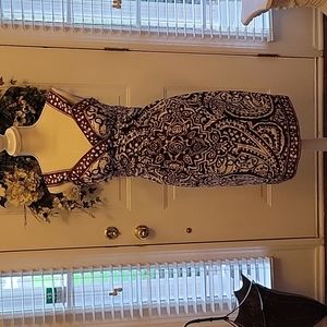 Donna Morgan brown white paisley print 100% silk sundress built-in bra sz 6 EUC…